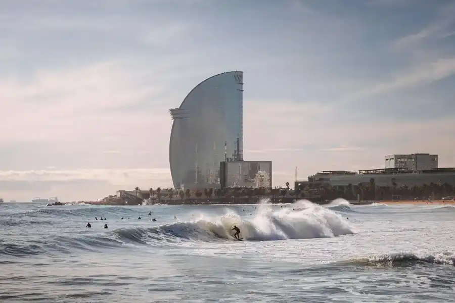 Barcelona beach with city skyline