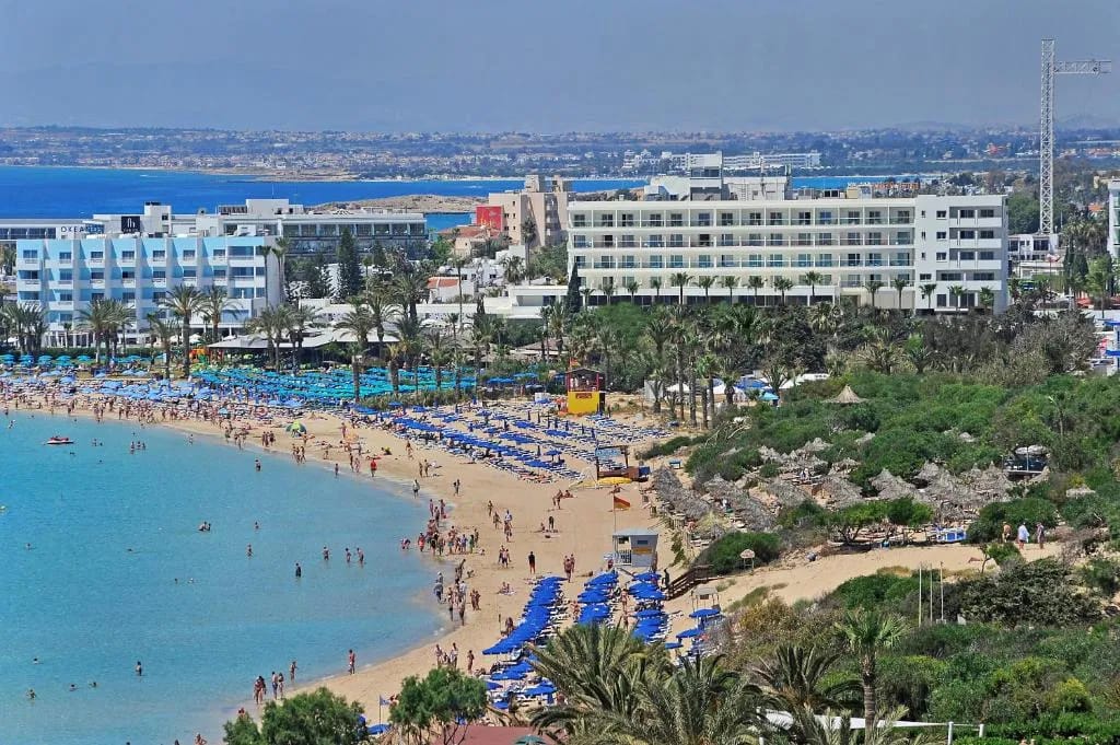 Nelia Beach Hotel & Spa aerial view with beach and pools, Ayia Napa