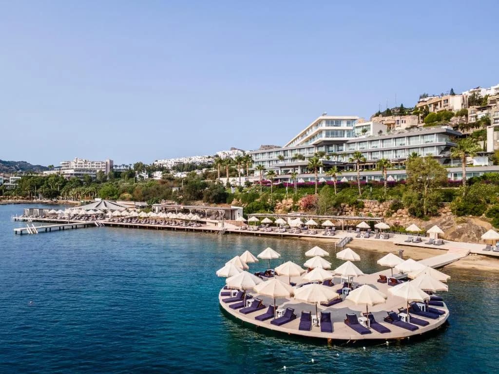 Cape Bodrum Luxury Hotel aerial view of private cove