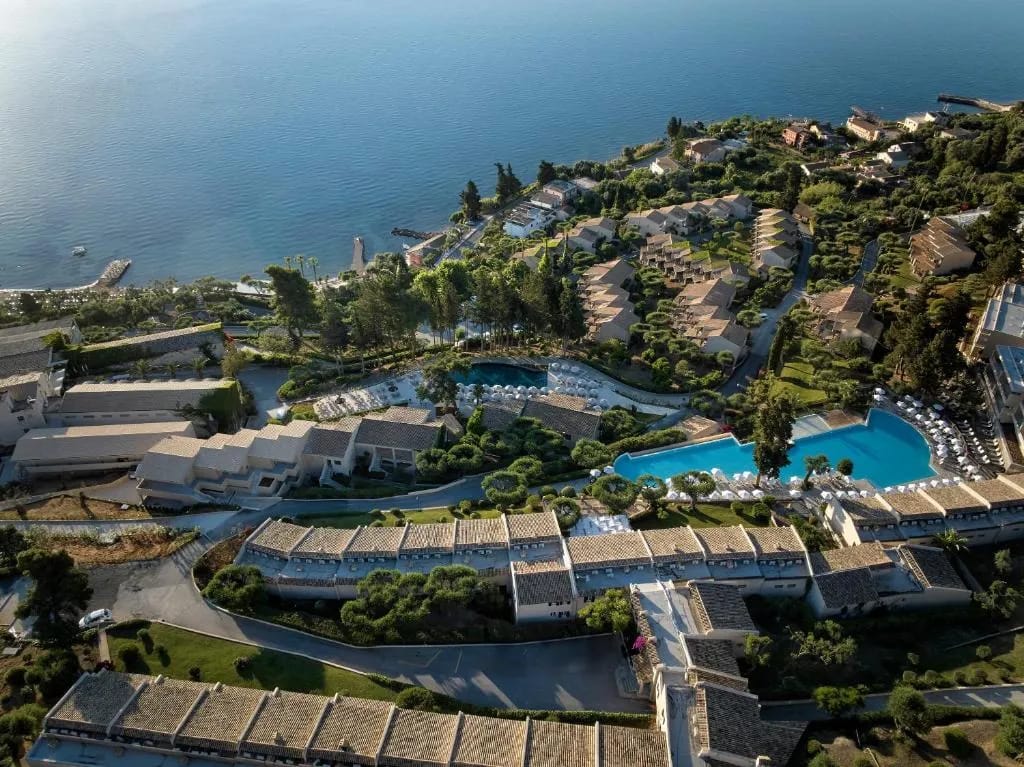 Aeolos Beach Resort aerial view with pools and beach, Corfu
