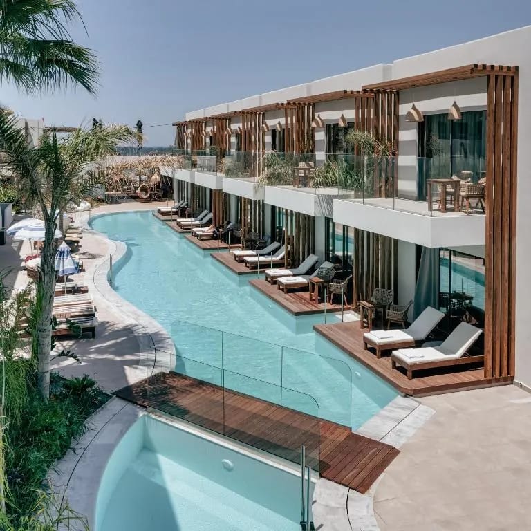 Galazio Beach Resort on the sandy beachfront in Analipsi, Crete