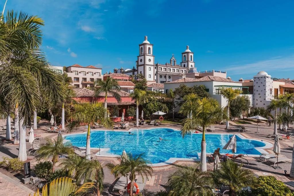 Chapel-style facade of Lopesan Villa del Conde resort in Meloneras, Gran Canaria