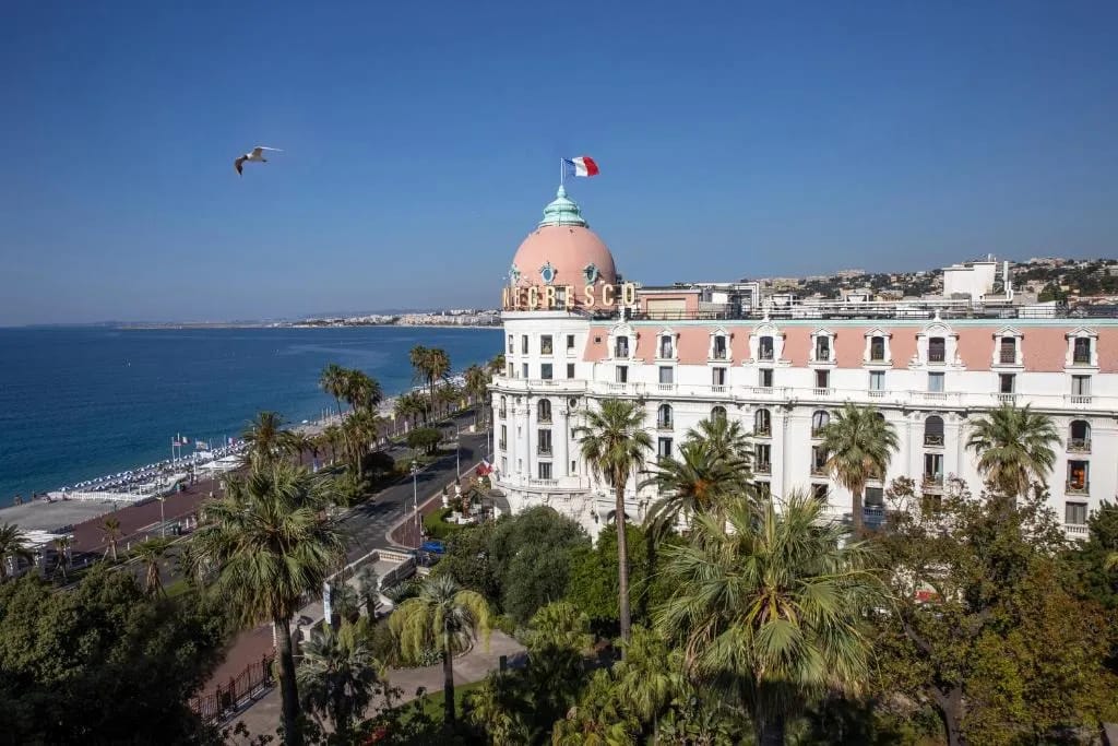 Hotel Le Negresco hotel facade in Promenade des Anglais, Nice