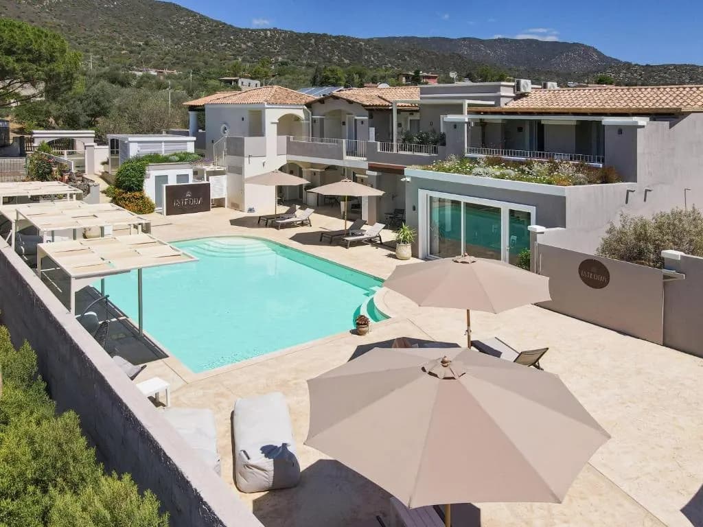 Istedda Boutique Hotel pool and terrace in Solanas, Sardinia